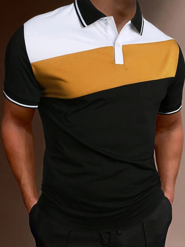 Casual Geometric Pattern Men's Color Block Short Sleeve Shirt, Stylish Male Shirt For Golf Sports, Gift For Men - Image 4