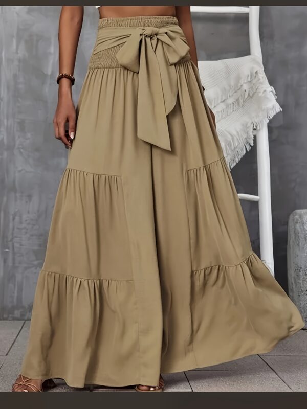 Women's Elegant Wide-Leg Pants with Tie Waist - High Rise, Flowing Design, Solid Beige Color, Polyester Fabric, Machine Washable, All-Season Comfort - Image 2