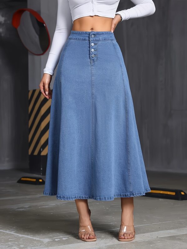 4038 Women's Elegant Stretch Denim Skirt - Wide Swing Summer Length with Button Detail, Machine Washable Regular Fit Solid Color for Casual & Formal Wear, Everyday Fashion, Comfortable Fashion - Image 3