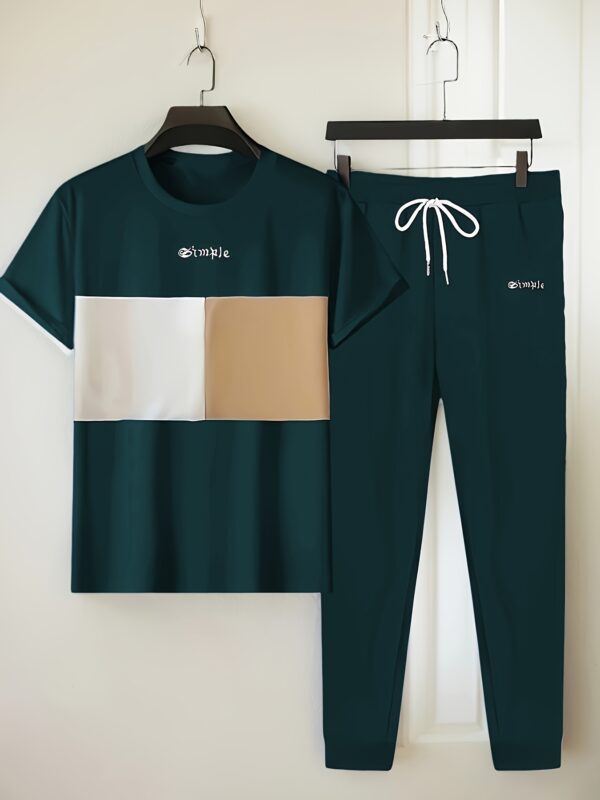 Men'S Casual Color-Blocked Short-Sleeve Round-Neck Loungewear Set with Long Pants - Image 6