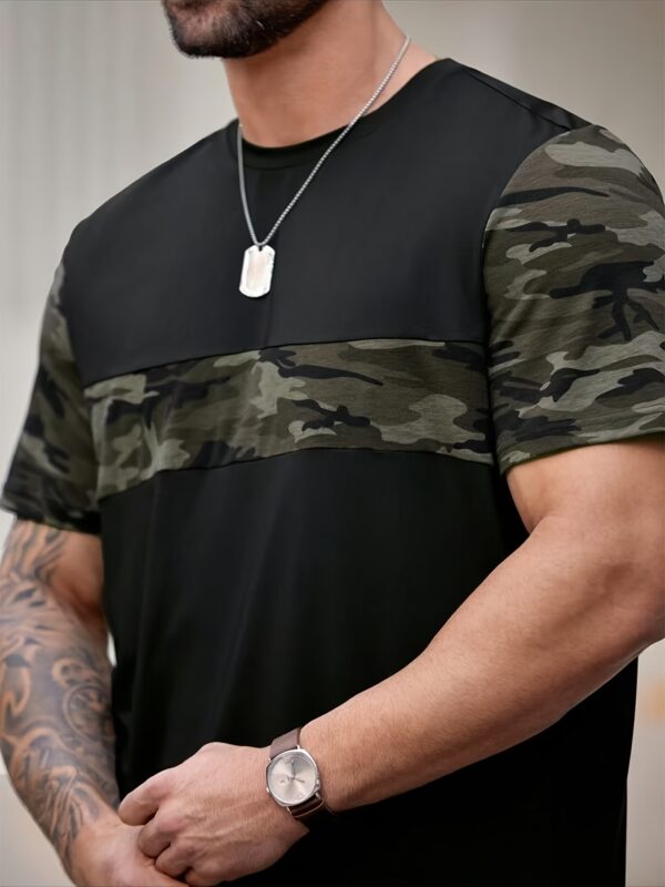 Men'S Pajama Set with Camo Shorts - Stylish Black & Camouflage Sleepwear, Elastic Waistband, Short Sleeves, Relaxed Fit for All Seasons - Image 3