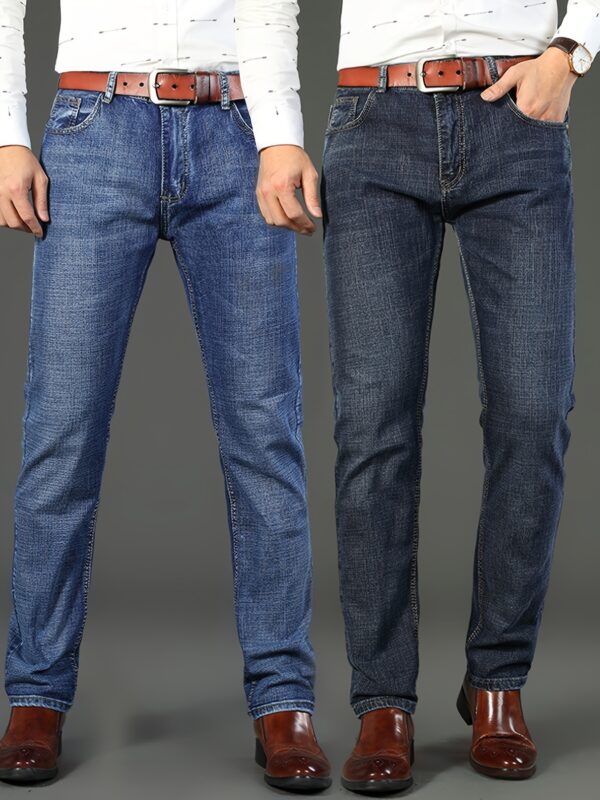 2 Pcs Men's Solid Denim Pants With Pockets, Formal Cotton Blend Jeans For Outdoor Activities - Image 3