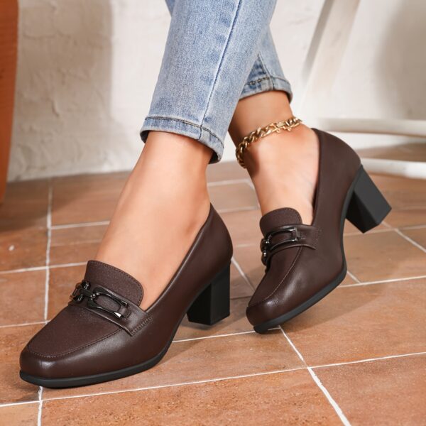 Women'S Stylish British Square Toe Block Heel Pumps - Versatile Brown Faux Cover Dress Shoes with Ankle Strap, Perfect for Work & Casual Wear, Comfortable All-Season Desig - Image 4
