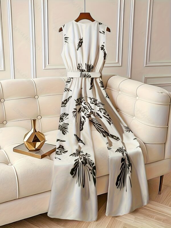 Women'S Elegant Leaf Print Sleeveless Jumpsuit - High Waist, V-Neck, Wide Leg, Black and White Floral Design, Perfect for Spring/Summer, Adult Fashion, Casual Attire|Floral Print Jumpsuit|Waist Belt Detail - Image 2