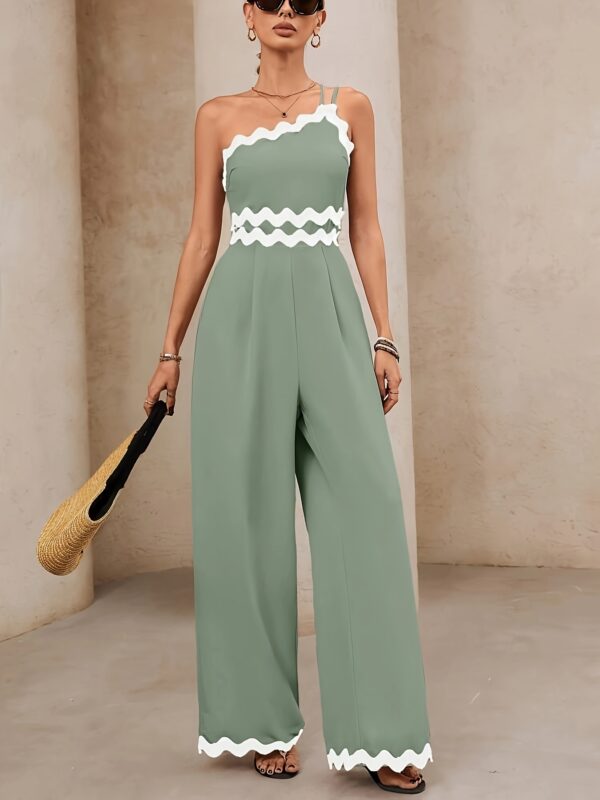 Women'S Elegant Asymmetrical Neck Sleeveless Jumpsuit with Black & White Zigzag Detail - Loose Fit, Wide Leg, Perfect for Casual Summer Weekend, Casual Summer Attire|Elegant Sleeveless Jumpsuit|Draped Fabric - Image 4