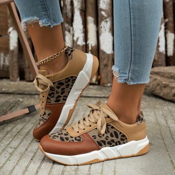 1 Pair Women'S Leopard Print Lace-Up Sneakers, Low Top Comfortable All-Season Shoes with Rubber Sole and Fabric Insole, Casual Sport Footwear - Image 2