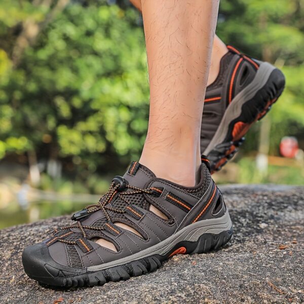 Men'S Breathable Mesh Summer Sandals - Casual Slip-On with Buckle Closure, Black & Orange Striped Design, Rubber Sole for Hiking, Beach & Outdoor Activities, Beach Sandals | Buckle Strap Sandals | Breathable Upper Sandals - Image 2