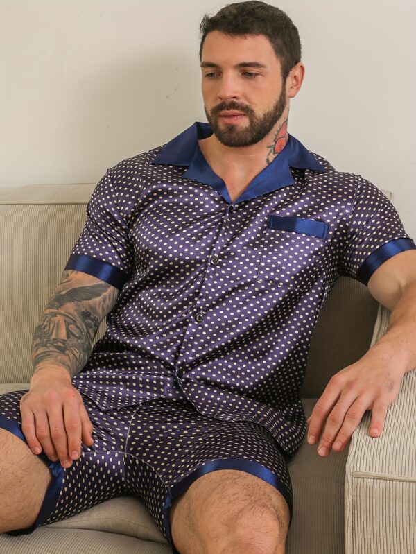 2pcs Men's Pajamas Spring Summer Autumn Winter Short Sleeve Shorts with Collar and Contrast Polka Dot Wearable Soft Loungewear Set - Image 5