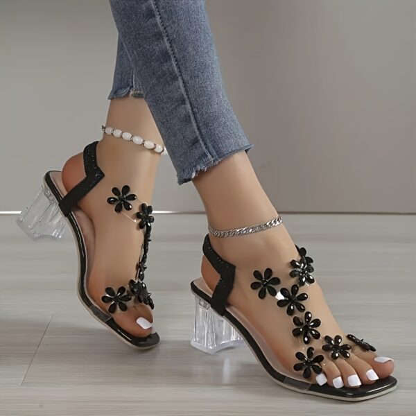 Honey Girl Summer High Heel Sandals - Open Toe, Block Heel, Slip-On Design, Floral Cutout Pattern, No Printing, Artificial Materials - Image 9