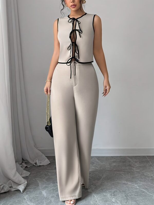 Two-Piece Women's Tie-Front Cardigan Set with Color-Block Bow Blouse and Solid Loose Pants - Image 9