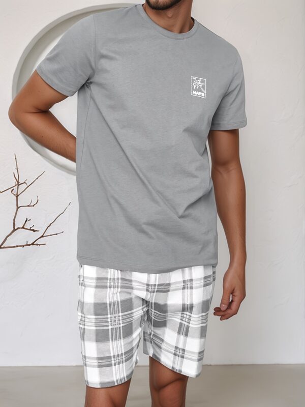 Spring, Summer, and Autumn Men's Fashion Casual Pajama Set with Plaid Print Pants, Polyester Blend, Comfortable Short Sleeve and Shorts Two-Piece Set - Image 6