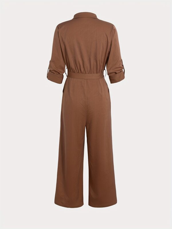 Elegant Solid Color Long Sleeve Lapel Collar Jumpsuit with Tie Waist, Wide Leg Pants for Women - Stylish Commuting Attire, Chic Design for Spring/Summer/Fall - Image 3
