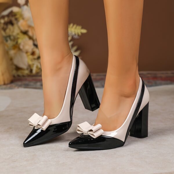 New Style Women'S Pointed Toe High Heel Pumps, Elegant 9.5cm Work Shoes with Bow Detail, Chunky Heel, All-Season, PolyureTH Ferment Material, TPU Sole, Pointed Toe, Allseason Shoes|Bow Detail Shoes| Chunky Heel Shoes - Image 2