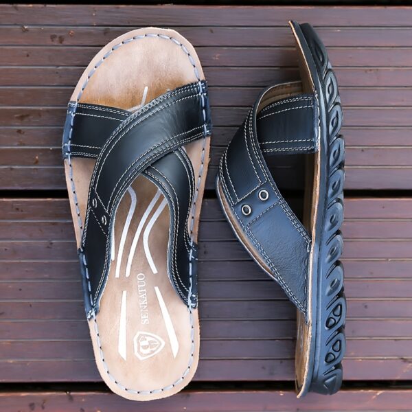 Plus Size Men's Open Toe Breathable Cross Straps Slippers, Comfy Non Slip Rubber Sole Top Grain Leather Upper Beach Water Shoes, Summer - Image 7