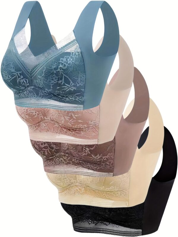 5 Pcs Elegant Floral Lace Wireless Bralette Bra, Comfy & Breathable Full Coverage Push Up Intimates Bra, Women's Lingerie & Underwear