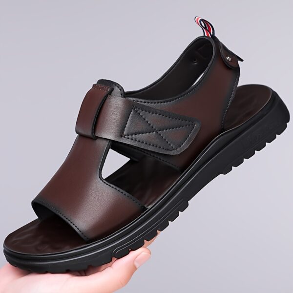 Men's Summer Sandals - Thick Sole Non-Slip Beach Shoes, Soft Casual Fashion Sandals with Adjustable Hook & Loop Strap, Brown Upper & Black Rubber Sole for Everyday Comfort - Image 3