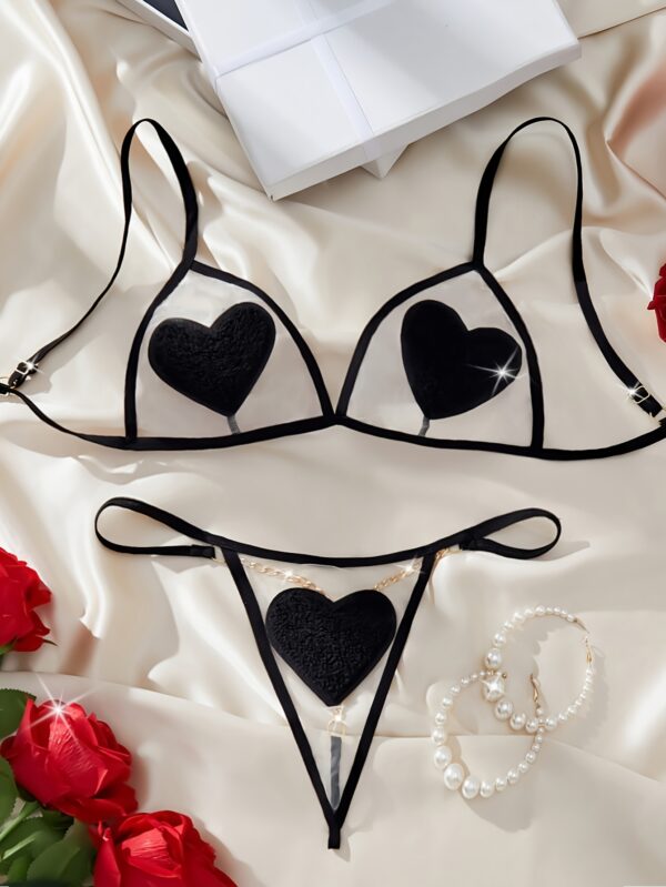 Mesh Heart Pattern Spaghetti Straps Lingerie Set, Intimates Bra & Thong, Women's Sexy Lingerie & Underwear