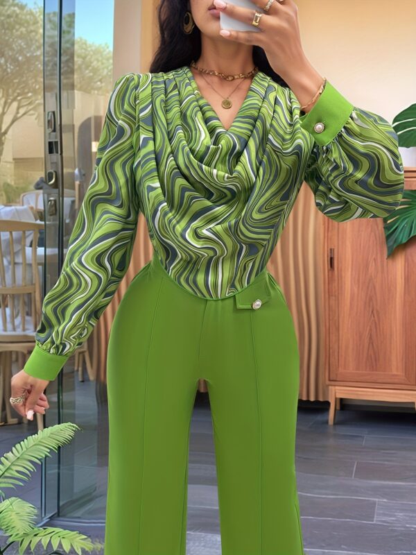 Women's Elegant Lantern Print Long Sleeve Top and High-Waist Pants Two-Piece Set - Image 9