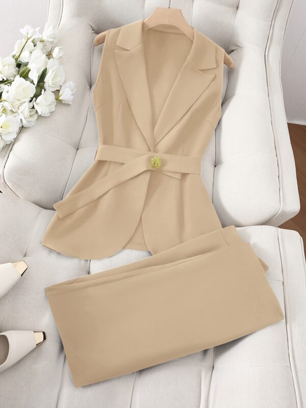Women's Belted Suit Collar Sleeveless Top and Pants Fashion Commuter Set - Image 5