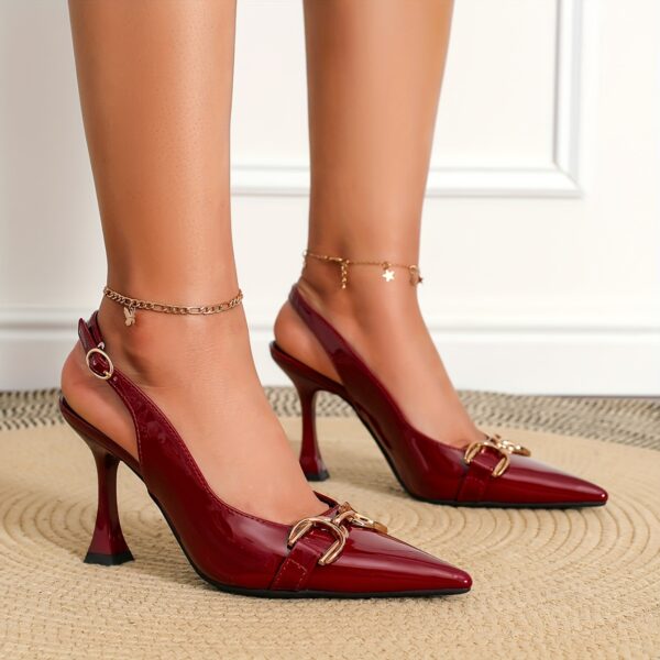 1 Pair Elegant Solid Color Pointed Toe Stiletto Pumps, Metal Buckle Accent, All-Season Slip-On High Heels for Weddings, Parties, And Work - TPU Sole, Man-Made Materials, Suitable for Women - Image 5