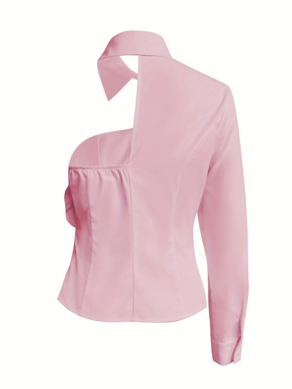 Elegant Women's Blouse with Ruffled Neckline & 3/4 Sleeves - Lightweight Pink Solid Color Shirt for Spring/Summer, Hand Wash Only, Non-Stretch Fabric, Versatile Casual to Formal Wear, Spring Fashion Top, Offshoulder Styling - Image 18
