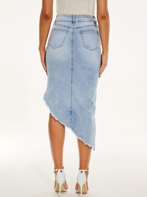 Women's Stretch Denim Midi Skirt with Asymmetrical Hem - Mid-Rise, Frayed Edges, Light Wash, Blend, Spring/Summer Casual Style - Image 3