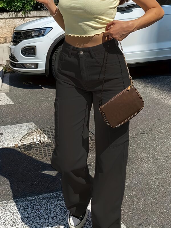 Women'S Casual Solid Cargo Pants, Polyester High Waist Wide Leg Pants with Pocket, All-Season Woven Fabric, 150g/㎡ Weight - Image 14