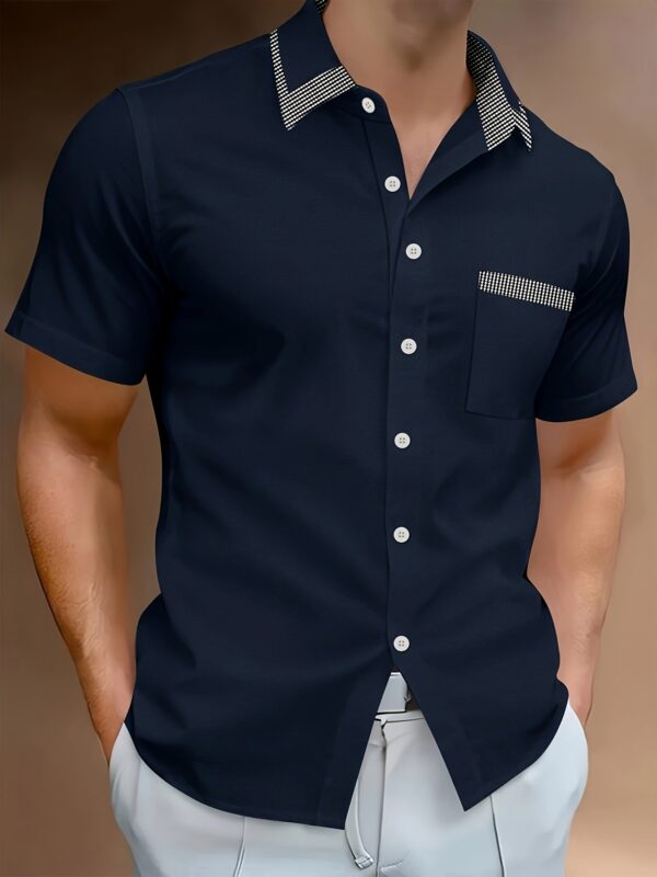 Men's Slim Fit Lightweight Business Casual Shirt with Collar, Short Sleeves, and Chest Pocket - Summer Wear in Beige with Gray Accents - Image 2