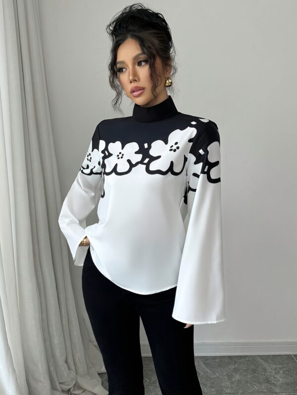 Elegant Floral Print Long Sleeve Stand Collar Shirt for Women - Polyester, Flutter Sleeve, Zipper Closure, All Seasons, Adult Size, Woven Fabric, 120 g/m² - Image 6