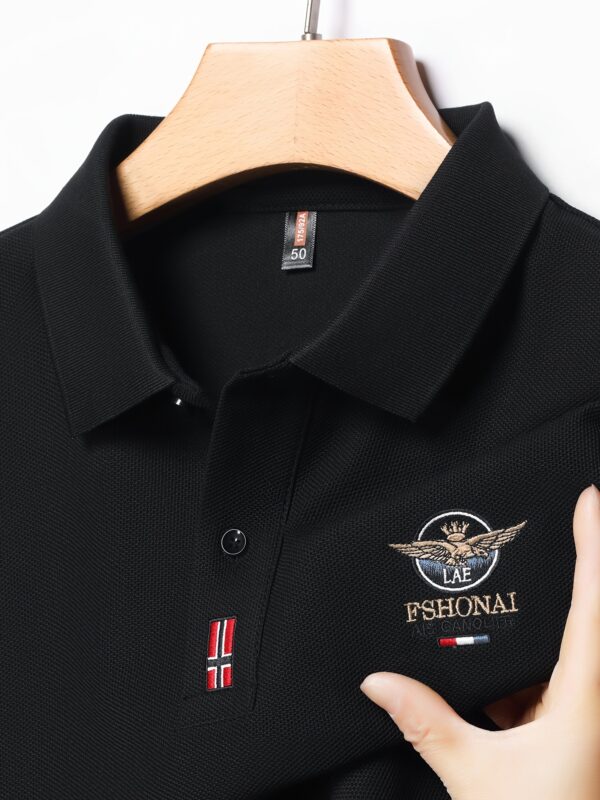 Men'S Casual Summer Short Sleeve Polo Shirt with Embroidered "LAE FSHONAI" Logo, Red & White Striped Patch, Lightweight & Breathable for Everyday Wear, Casual Attire|Embroidered Logo Shirt|Slight Stretch Fabric - Image 3
