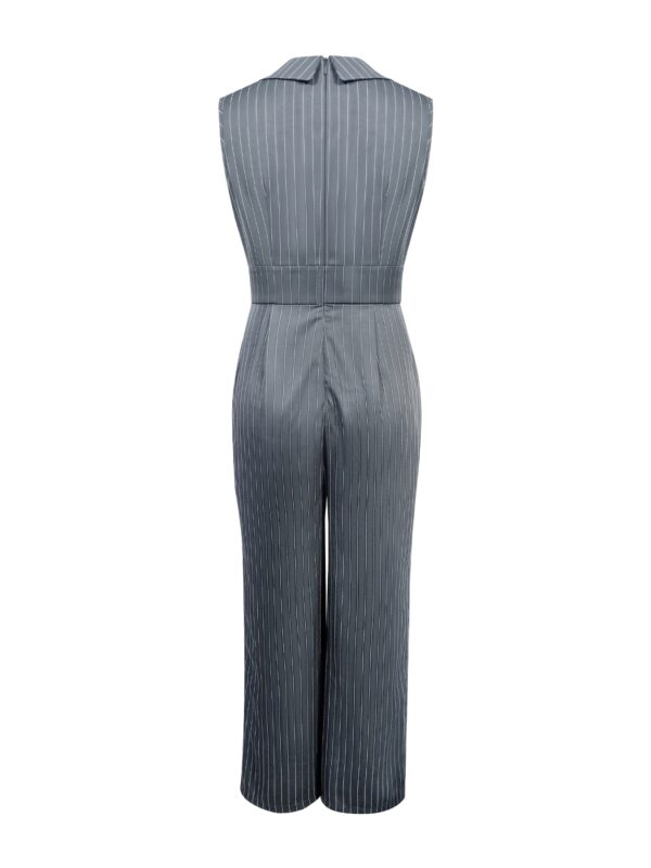 Elegant Striped Women'S Jumpsuit - Chic Criss Cross Neck, Button Detail, Long Sleeve, Straight Leg, Gray & White Pinstripe Pattern, Perfect for Summer Commute or Casual Outfits, Elegant Attire | Crisscross Neckline | Tailored Fit Jumpsui - Image 9