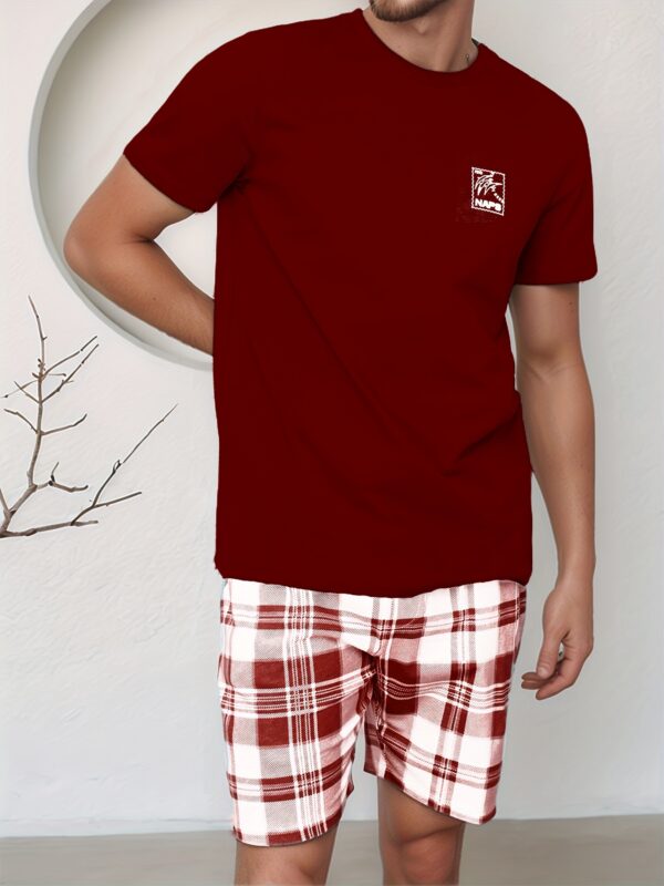 Spring, Summer, and Autumn Men's Fashion Casual Pajama Set with Plaid Print Pants, Polyester Blend, Comfortable Short Sleeve and Shorts Two-Piece Set - Image 5