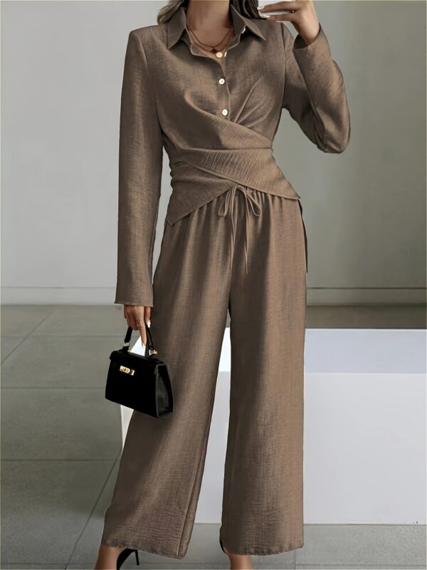 Elegant Minimalist Short-Hem Top and Wide-Leg Pants Set for Women - Button Detail, Polyester, Brown, Casual Outfit|Minimalist Outfit|Button Detailing, High Waisted Pants
