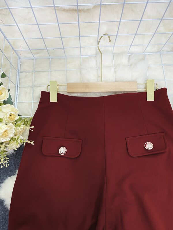 Women's Elegant High-Waisted Wide Leg Pants - Burgundy Trousers with Button Closure, Non-Transparent Fabric for Formal & Everyday Outfits, Machine Washable Year-Round Elegant Legwear, Office Wear, Classic Style, Quality Stitching, Stylish Bottoms, Office Ladies - Image 8