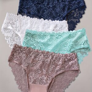 4pcs Women'S Sexy Jacquard Lace Panties - Breathable & Comfortable Mid-Rise Briefs with Floral Pattern, Lace Trim, And Zipper Detail (Pink, Blue, White, Black), Comfortable Underwear | Floral Jacquard Design | Delicate Lace Fabri