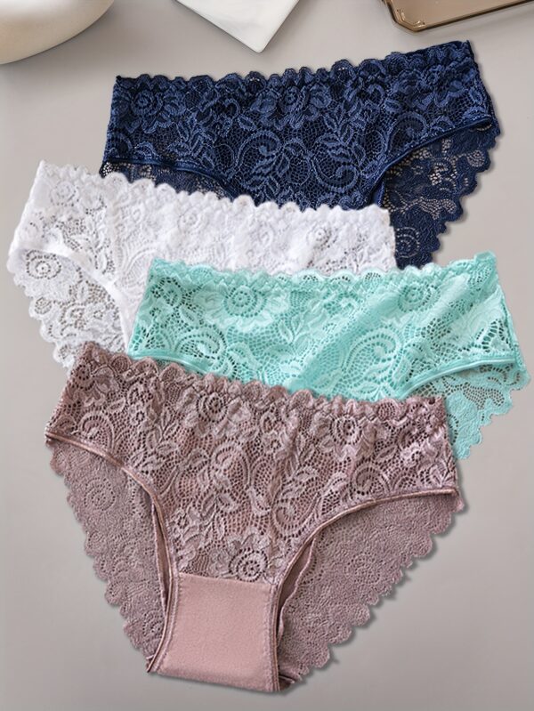 4pcs Women'S Sexy Jacquard Lace Panties - Breathable & Comfortable Mid-Rise Briefs with Floral Pattern, Lace Trim, And Zipper Detail (Pink, Blue, White, Black), Comfortable Underwear | Floral Jacquard Design | Delicate Lace Fabri
