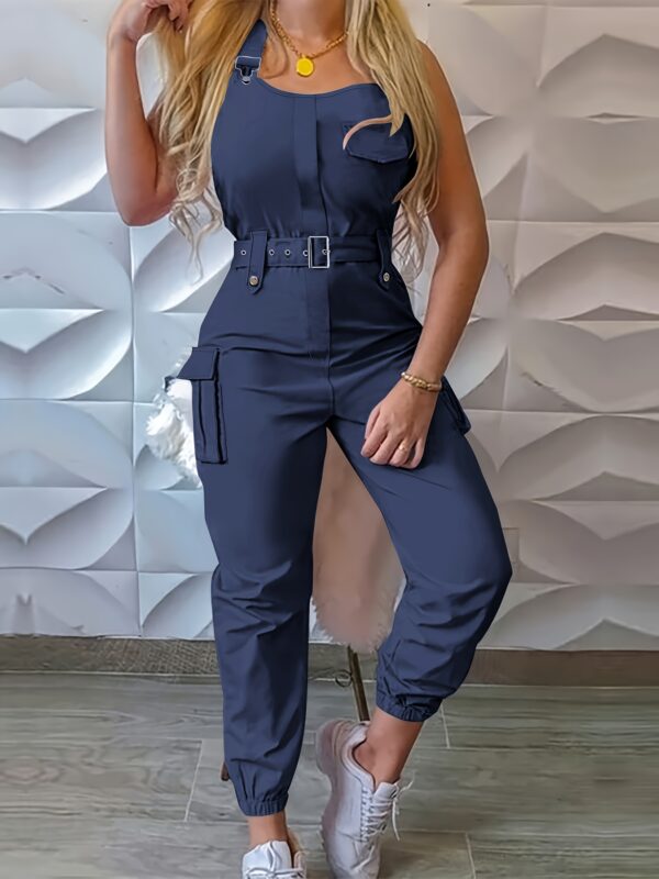 Solid Flap Pocket Cargo Jumpsuit, Casual Sleeveless Belted Flap Detail Jumpsuit, Women's Clothing - Image 3