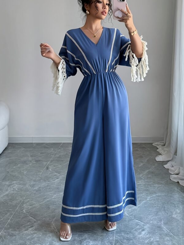 Women'S Elegant V-Neck Jumpsuit with Tassel Sleeves and Ruched Waist - Light Blue Summer Romper for Vacation or Casual Outings, Casual Summer Wear | Ruched Waist Design | Texture - Image 5