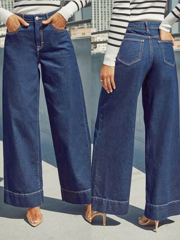 Women'S High Stretch Denim Wide Leg Jeans - Elegant Blue Washed Straight Leg, Mid Rise Comfort Trousers with Button Fly, Soft Breathable Fabric, Versatile Casual & Mature Style, Straight Leg Cut, Long Length Jeans | Classic Blue | High Elasticity Fabri - Image 3