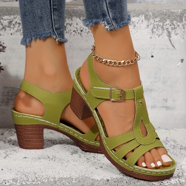 Women's Solid Color Stylish Sandals, Summer T-Strap High Heels, Casual One-Strap Non-Slip Chunky Heels - Image 25
