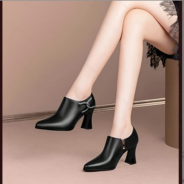 Women's Chunky Heel Pointed Toe Pumps - Synthetic Cover Black High Heels with Side Zipper, Comfortable Block Heel & Fabric Lined for All-Season Wear, Versatile for Casual & Formal Occasions, Formal Footwear, Sophisticated Style, Durable Rubber Sole - Image 3