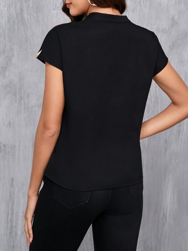 Striped Print Color Block Blouse, Casual Notched Neck Short Sleeve Blouse For Spring & Summer, Women's Clothing - Image 13