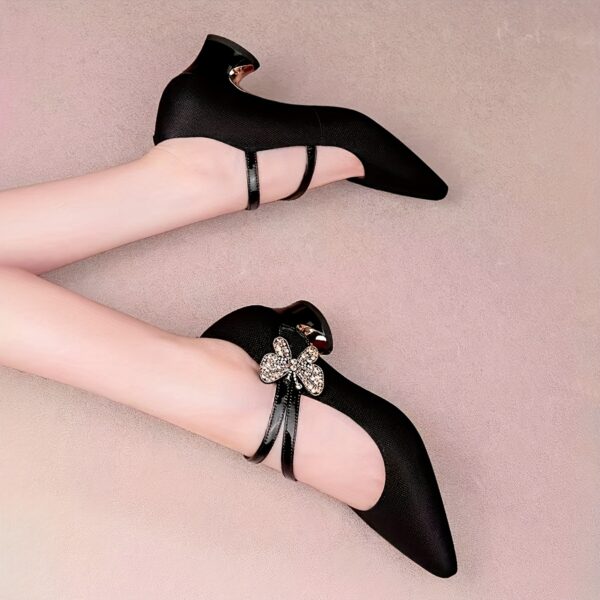 Women's Rhinestone Bow Buckle Strap Pointed-Toe Pumps - Golden-Plated Mid Block Heel, Lightweight Synthetic Cover & PVC Sole, All-Season Elegant Dress Shoes for Casual & Formal Events, Strappy Heels, Formal Footwear, Durable PVC Sole - Image 15