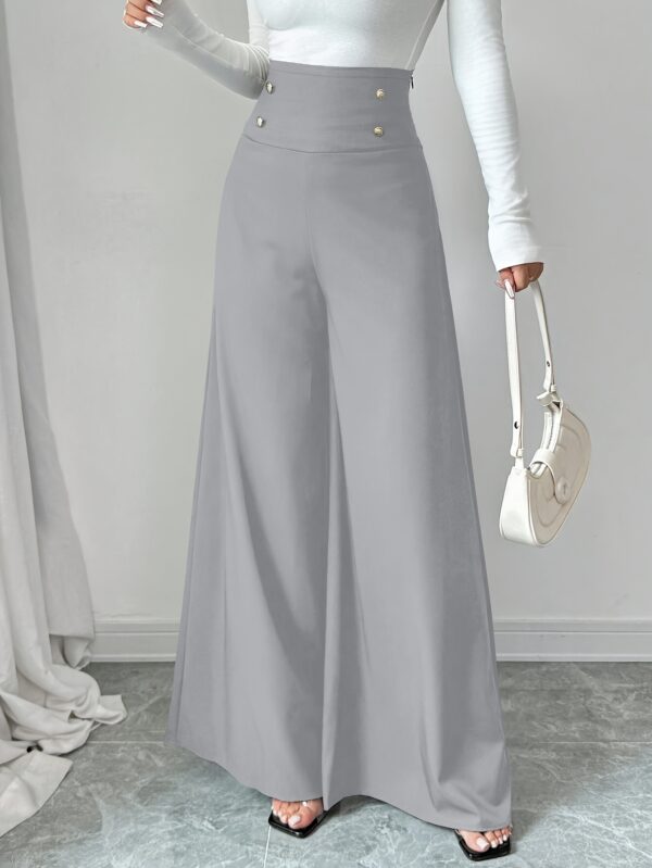 Women'S Elegant High-Waisted Tummy Control Black Wide Leg Pants, 100% Polyester, Solid Color, Woven Fabric, 200gsm, Slim Fit for Work & Office - All Seasons - Image 7