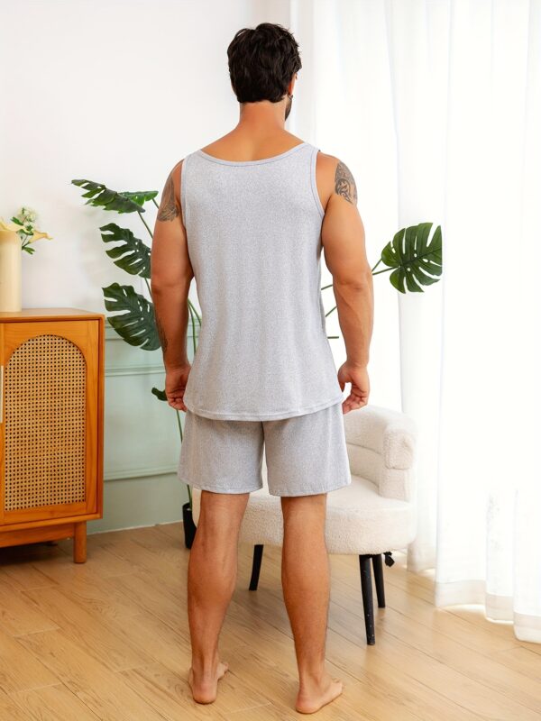 Men's Letter Print Sleeveless Vest Solid Color Shorts Pajama Set - Image 2