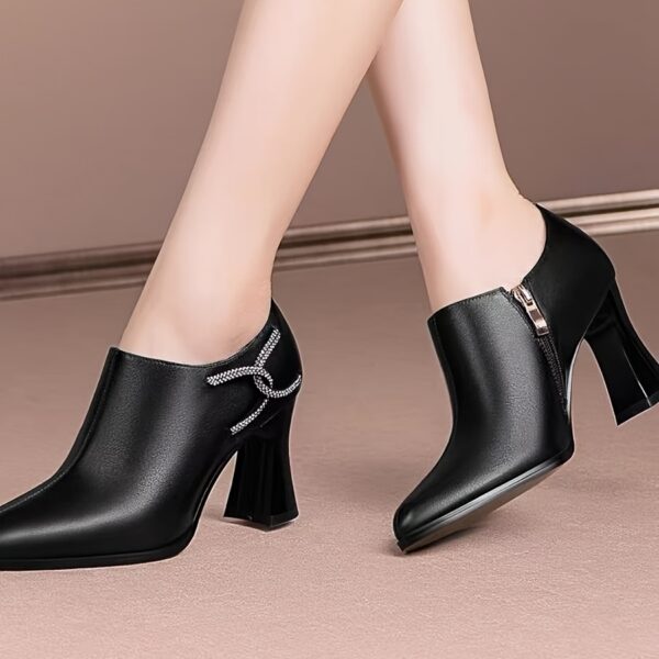 Women's Chunky Heel Pointed Toe Pumps - Synthetic Cover Black High Heels with Side Zipper, Comfortable Block Heel & Fabric Lined for All-Season Wear, Versatile for Casual & Formal Occasions, Formal Footwear, Sophisticated Style, Durable Rubber Sole - Image 6
