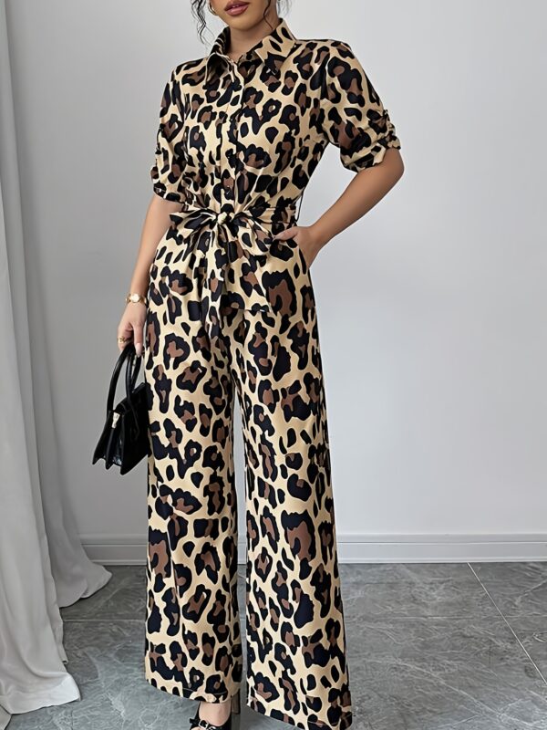 Women's 2025 Summer Leopard Print Jumpsuit - Elegant Short Sleeve Wide-Leg Pants Romper with Button Front, Loose Fit & Princess Sleeves for Casual to Formal Occasions, Adult Clothing | Chic Ensemble | Button Front Design - Image 3