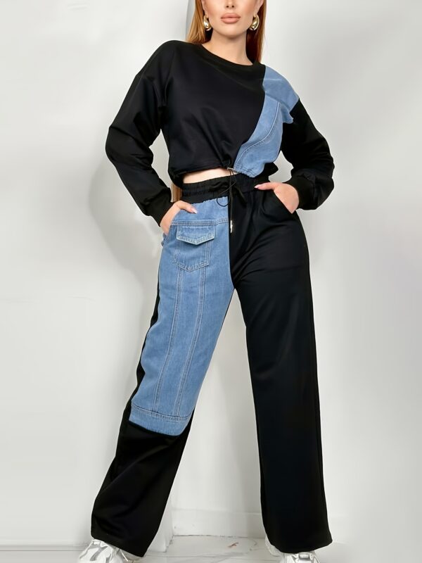 Women'S Casual Patchwork Jumpsuit - Gray & Blue, Long Sleeve, Crew Neck, Pockets, Perfect for Vacation, Outdoor, Home, Dance Party, Holiday Style, Holiday Casual Wear | Trendy Casualwear | Stylish Jumpsuit - Image 3