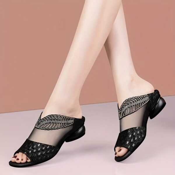 Everyday Comfort, Elegant Women's Summer Fashion Sandals - Open Toe, Comfortable Low Heel Slide Shoes with Sparkling Rhinestone Accents and Breathable Mesh Upper, Perfect for Outdoor Wear, Strappy Sandals - Image 5