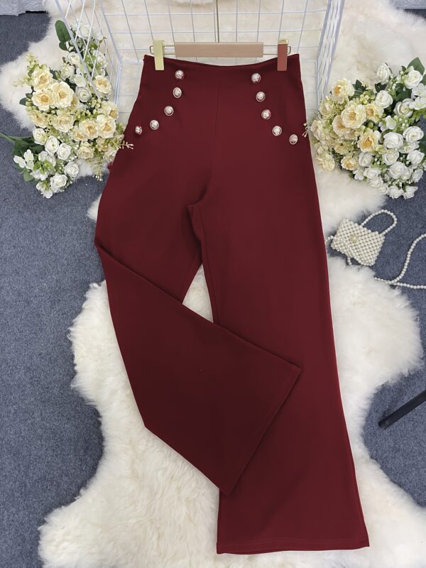 Women's Elegant High-Waisted Wide Leg Pants - Burgundy Trousers with Button Closure, Non-Transparent Fabric for Formal & Everyday Outfits, Machine Washable Year-Round Elegant Legwear, Office Wear, Classic Style, Quality Stitching, Stylish Bottoms, Office Ladies - Image 4